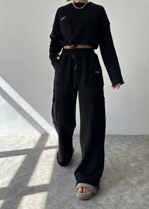 Костюм оверсайз жіночий з брюками і світшотом чорний MFStore Изображение Костюм оверсайз жіночий з брюками і світшотом чорний MFStore