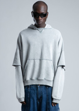 Худі оверсайз з подвійним рукавом виварене світло-сіре MFStore Изображение Худі оверсайз з подвійним рукавом виварене світло-сіре MFStore