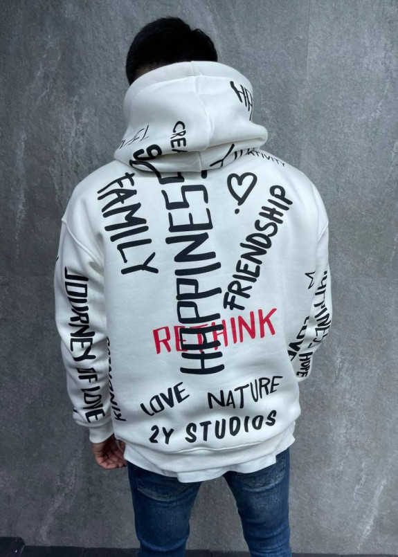Худи оверсайз с разноцветными принтами на флисе белое MFStore Изображение Худи оверсайз с разноцветными принтами на флисе белое MFStore