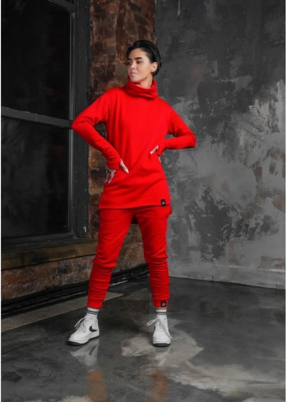 Лонгслив женский хомут на флисе красный Изображение Лонгслив женский хомут на флисе красный