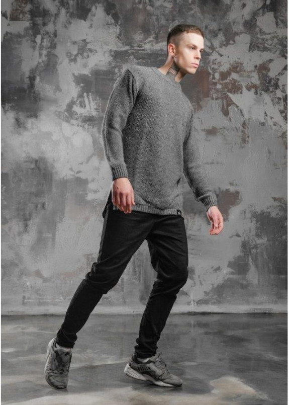 Свитер мужской удлиненный с разрезами серый Изображение Свитер мужской удлиненный с разрезами серый