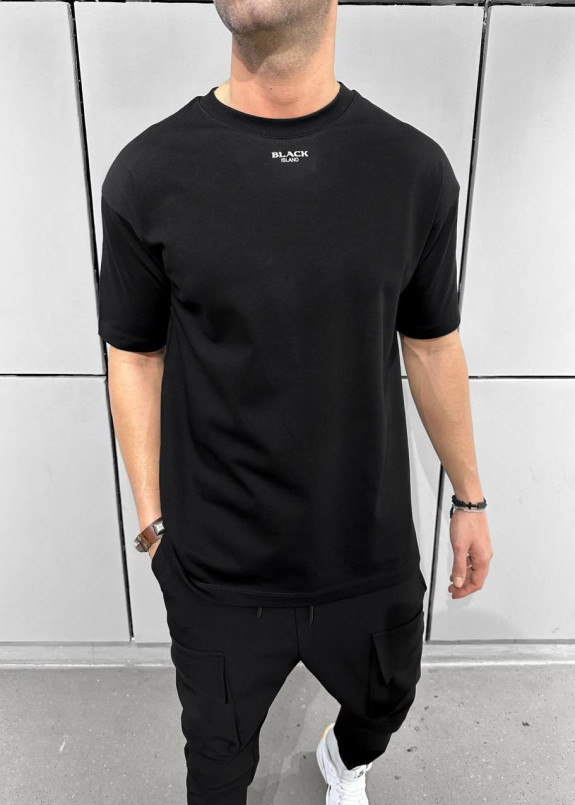 Футболка чоловіча оверсайз з текстом на горловині чорна MFStore Изображение Футболка чоловіча оверсайз з текстом на горловині чорна MFStore