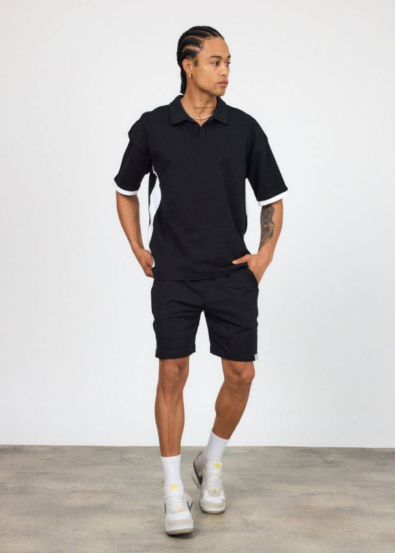 Костюм літній з футболкою поло і білими смужками чорний MFStore Изображение Костюм літній з футболкою поло і білими смужками чорний MFStore